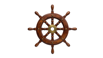 Vintage maritime wooden ship helm isolated on transparent background