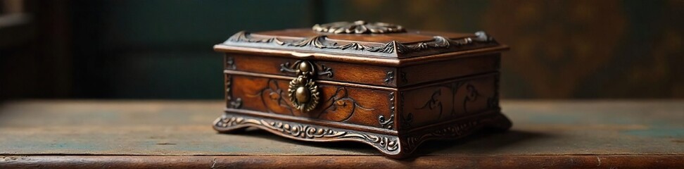 Intricately Carved Antique Wooden Jewelry Box Vintage Shabby Chic Charm, Perfect for Storing Precious Keepsakes and Displaying Collectible Treasures.  Ideal for rustic or elegant home decor.