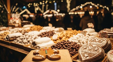 Festive Christmas market with gingerbread hearts, gingerbread men, and various sweets. Perfect for holiday promotions, winter event flyers, and seasonal campaigns.