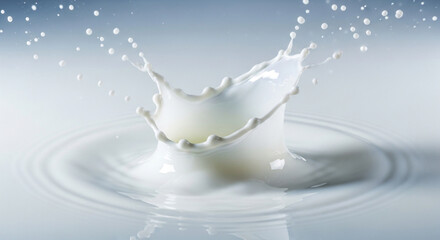 Captivating milk splash creating a crown shape with concentric ripples, set against a gradient blue background, showcasing the beauty of fluid dynamics