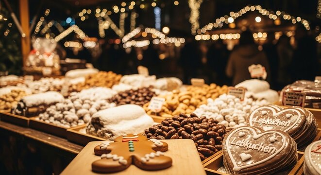Festive Christmas market with gingerbread hearts, gingerbread men, and various sweets. Perfect for holiday promotions, winter event flyers, and seasonal campaigns.
