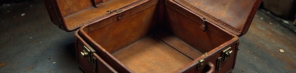 Vintage Brown Leather Suitcase Open, Ready for Adventure Aged Travel Bag, Empty Interior,  Metallic Clasps, Retro Luggage, Nostalgia