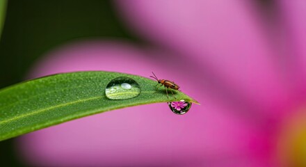 Close up of leaf with water droplets and insect soft focus background