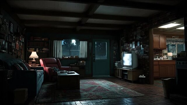 Dark, cluttered living room with view of a kitchen through an open doorway, rainy night