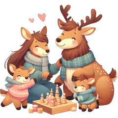 heartwarming illustration of a deer family playing chess together, surrounded by a cozy winter atmosphere.