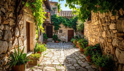 Fototapeta premium Picturesque Stone Alleyway with Plants and Flowers in Sunlight, Featuring Cobblestone Path, Ivy Covered Walls and Clay Pots with Bright Greenery
