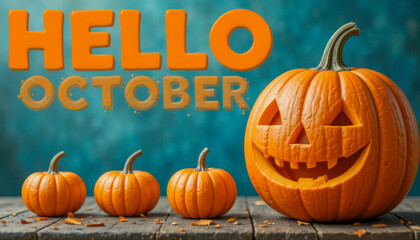A festive Halloween image featuring a carved pumpkin with a smiling face and the text 'Hello October'. Small pumpkins are also present.