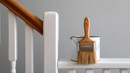 A clean paintbrush rests against a paint can on a stair railing.
