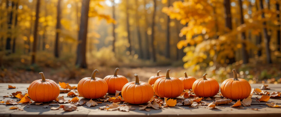 A vibrant autumn scene featuring pumpkins and fallen leaves on a wooden surface, with a blurred forest background bathed in sunlight.