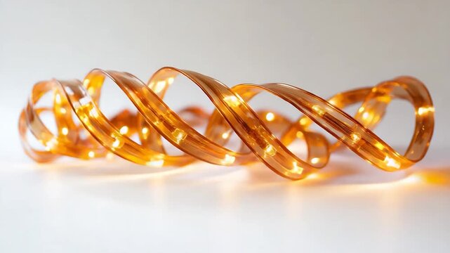 Close up of a coiled string of warm orange fairy lights on a white background.