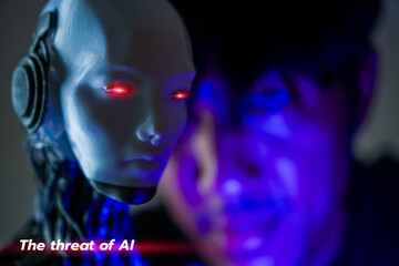 A conceptual image illustrating the threat from artificial intelligence — showing machines, robots, or algorithms posing dangers to privacy, jobs, and human control in a futuristic digital world.