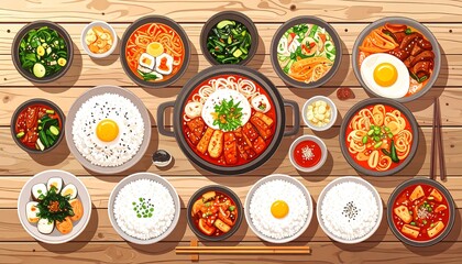 Diverse Asian dishes on a wooden table