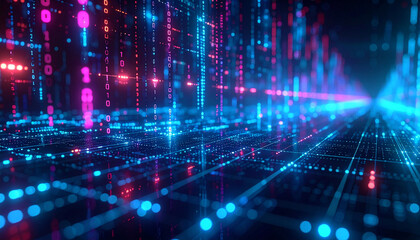 Digital Matrix: An electrifying composition of illuminated blue and pink binary code streams through a vast digital matrix, symbolizing the interconnected world of technology and data.