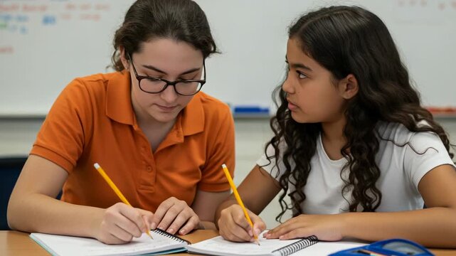 Teacher helping a student with her schoolwork at a desk
