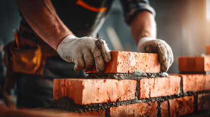 A bricklayer carefully places a single red brick onto a wall's mortar.