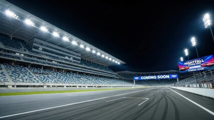 spacious race track stadium at night illuminated by powerful floodlights featuring vast tiers of empty blue and white seating Large digital screens display animated race cars and an event indicating C - Powered by Adobe