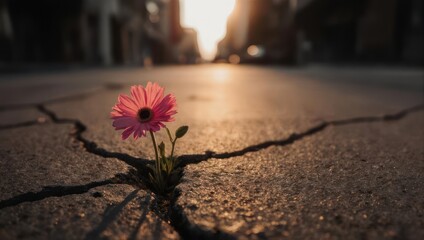 Pink flower sprouts from cracked pavement amidst city buildings at sunset