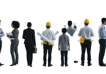 Diverse construction team collaborating on project plans