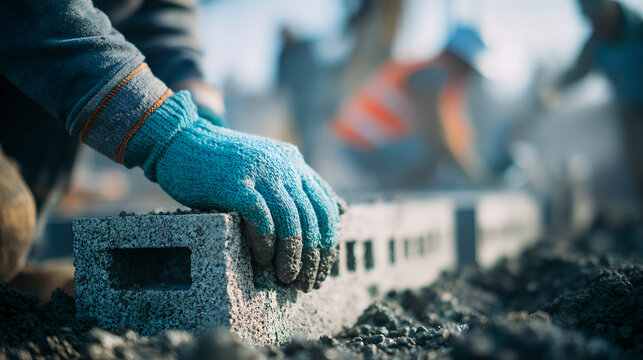 A worker's gloved hand rests on a concrete block at a construction site.
