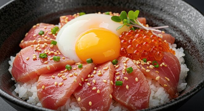 Delicious sashimi rice bowl with egg and roe close up