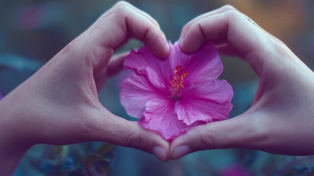 Closeup of hands forming heart shape around vibrant pink flower, celebrating love, beauty, and wonders of nature - Powered by Adobe
