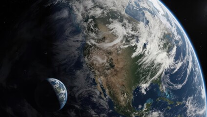 Earth and moon in space.  Detailed view of the Earth, continents visible,  with clouds and weather patterns, and a smaller moon
