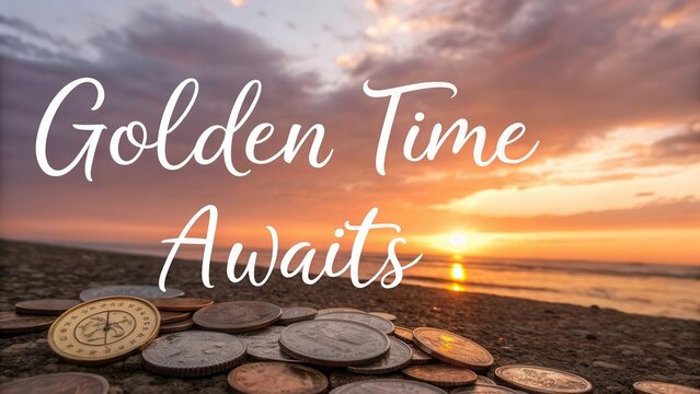 Scenic sunset over coins with inspirational quote about golden time and opportunity, perfect for motivational themes