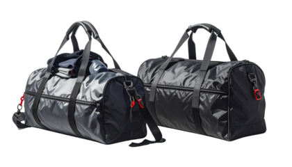Sporty travel bag with gym essentials isolated on transparent background