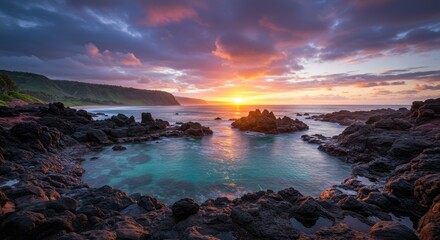 Dramatic sunset over ocean with rocky coastline and vibrant colors