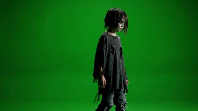 Creepy Child Standing Alone on Green Screen Background