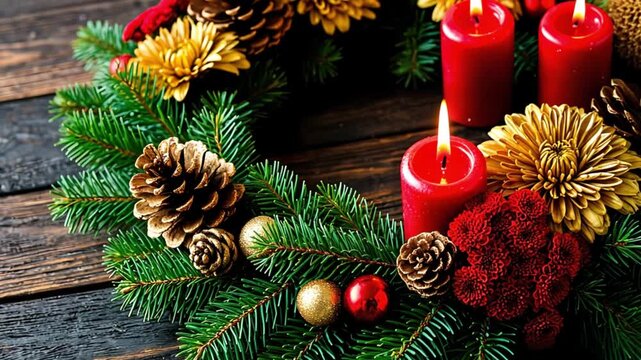 Advent wreath decorating a wooden table, featuring three burning red candles, pine cones, and festive ornaments for Christmas holidays