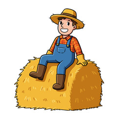Smiling cartoon farmer sitting on a hay bale, wearing a straw hat, red plaid shirt, blue overalls, yellow gloves, and brown boots, set against a clean white background.