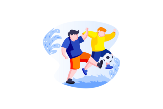 Dynamic Soccer Players in Mid Air with Blue and Orange Uniforms Playful Action in Abstract Minimalist Style on Transparent Background - Powered by Adobe