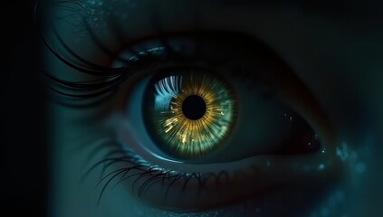 A close-up of a human eye with vibrant golden and green hues, reflecting intricate patterns in the iris darkness.