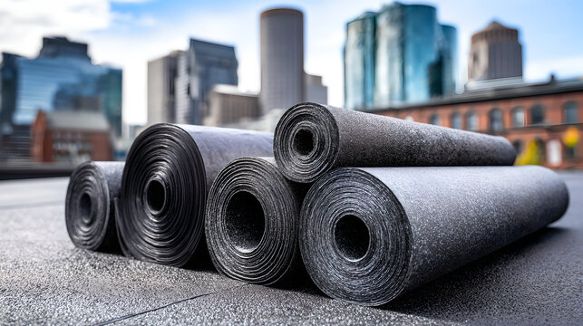 Rolls of bitumen waterproofing membrane material ready for roofing installation in city.
