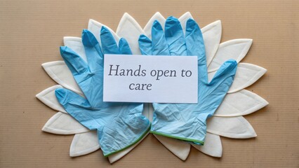 Hands Open to Care with Blue Gloves Ready for Compassionate Action on a Flower Background