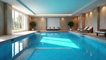 Sparkling Blue Indoor Swimming Pool Clean, Inviting, Perfect for Relaxation and Aquatic Fitness