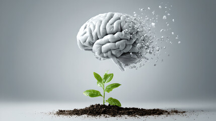 Brain disintegrates into particles while floating above a small green plant sprout.
