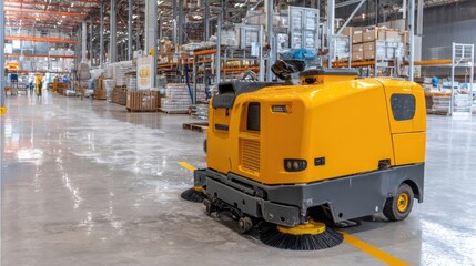 Industrial Floor Sweeper Cleaning Warehouse Space in Modern Logistics Facility
