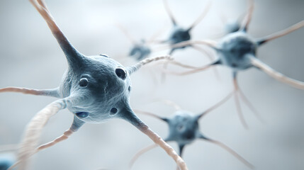 A microscopic view of interconnected blue neurons against a clean white background.