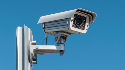Surveillance Camera Attached to Pole Against Clear Blue Sky for Security Monitoring and Protection