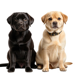 Fototapeta premium Two Labrador pups, one chocolate, one blonde, sitting together