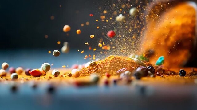 Close up of colorful spices falling and scattering on a dark surface.