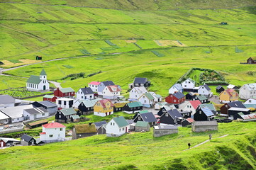 Colorful Faroese Houses in Gjogv Village, Northernmost Village on Eysturoy Island of the Faroe Islands