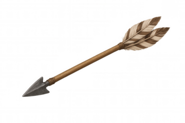 Wooden arrow with feather fletching and stone arrowhead, hunting weapon, archery equipment, transparent background