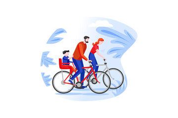 Fototapeta premium Family Biking Together With Child on Bicycle Seat in Red and Blue on Transparent Background Illustration