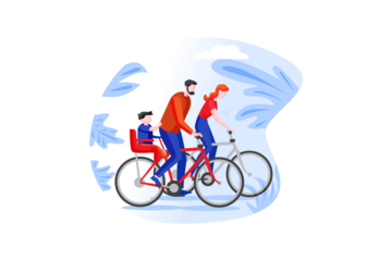 Family Biking Together With Child on Bicycle Seat in Red and Blue on Transparent Background Illustration