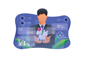 Faceless Businessman in Suit Presenting Small Unicorn with Holographic Interface with Charts and Data on Transparent Background Illustration