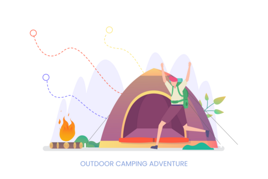 Excited Person Celebrating Camping Adventure near Tent against Blue Mountains and Bonfire on Transparent Background Isolated Vector Illustration