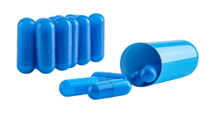 Medical drug capsules in blue color isolated on transparent background